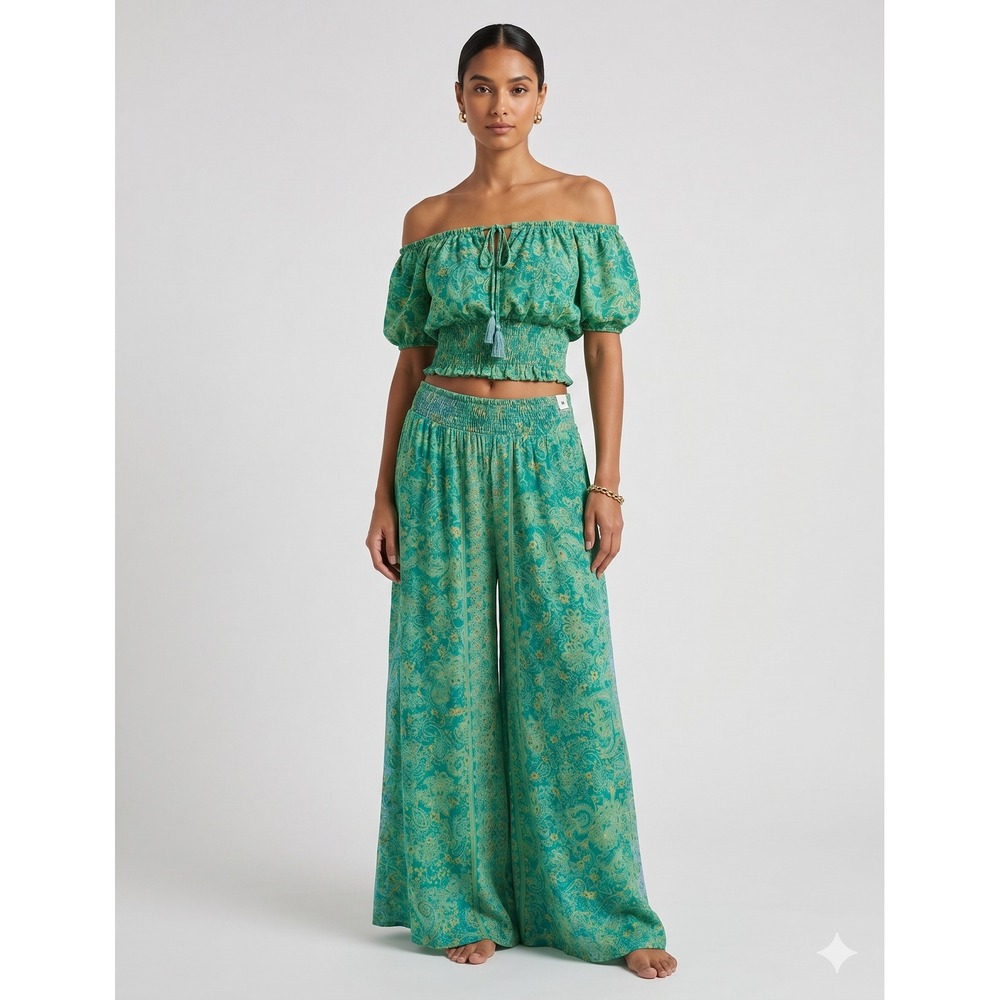 Silk Viscose Blend Green Paisley 2 Piece Set Off Shoulder Crop Top Maxi Skirt